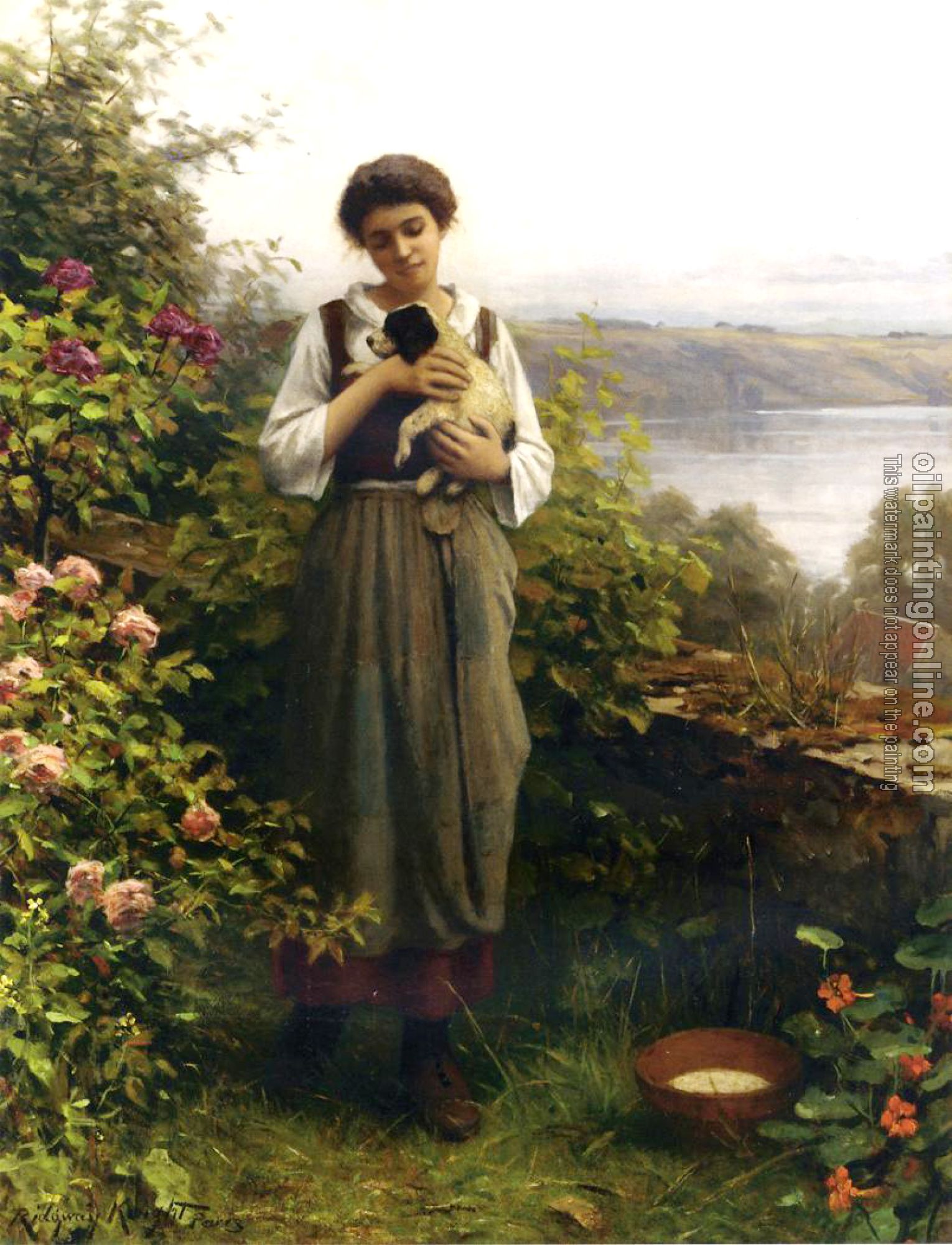 Daniel Ridgway Knight - Young Girl Holding a Puppy